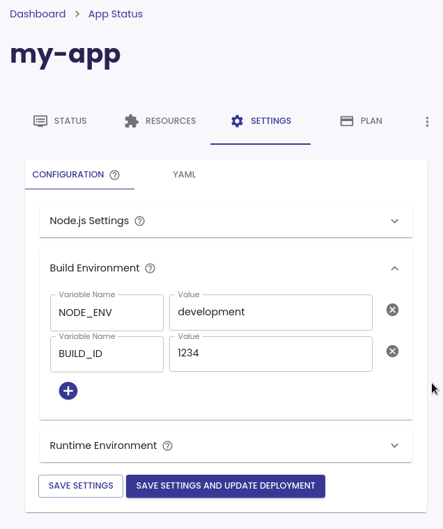 App Settings page showing the build environment